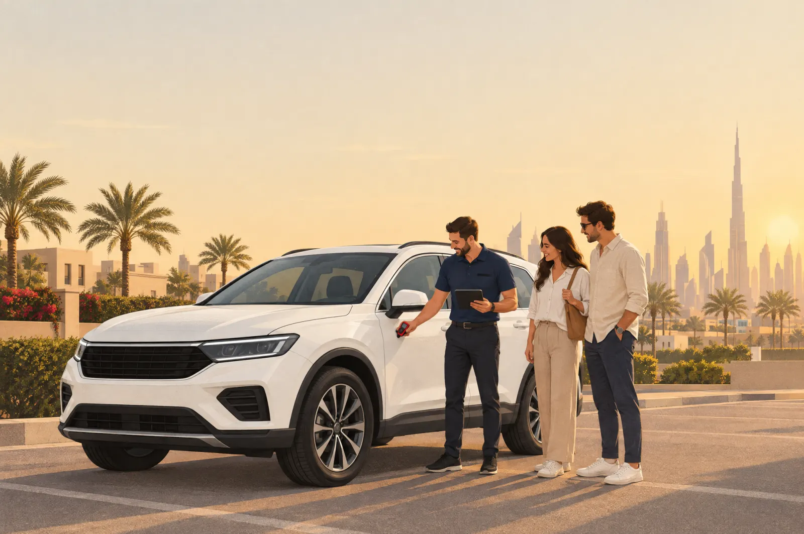 A couple and a car inspector looking over a white SUV in a Dubai parking area at sunset
