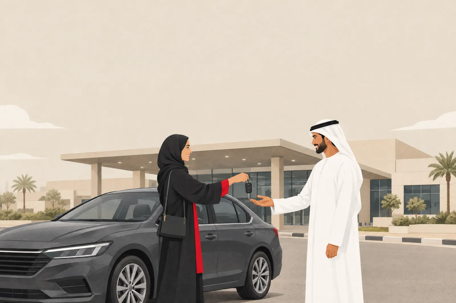 A seller handing car keys to a buyer outside a vehicle registration centre