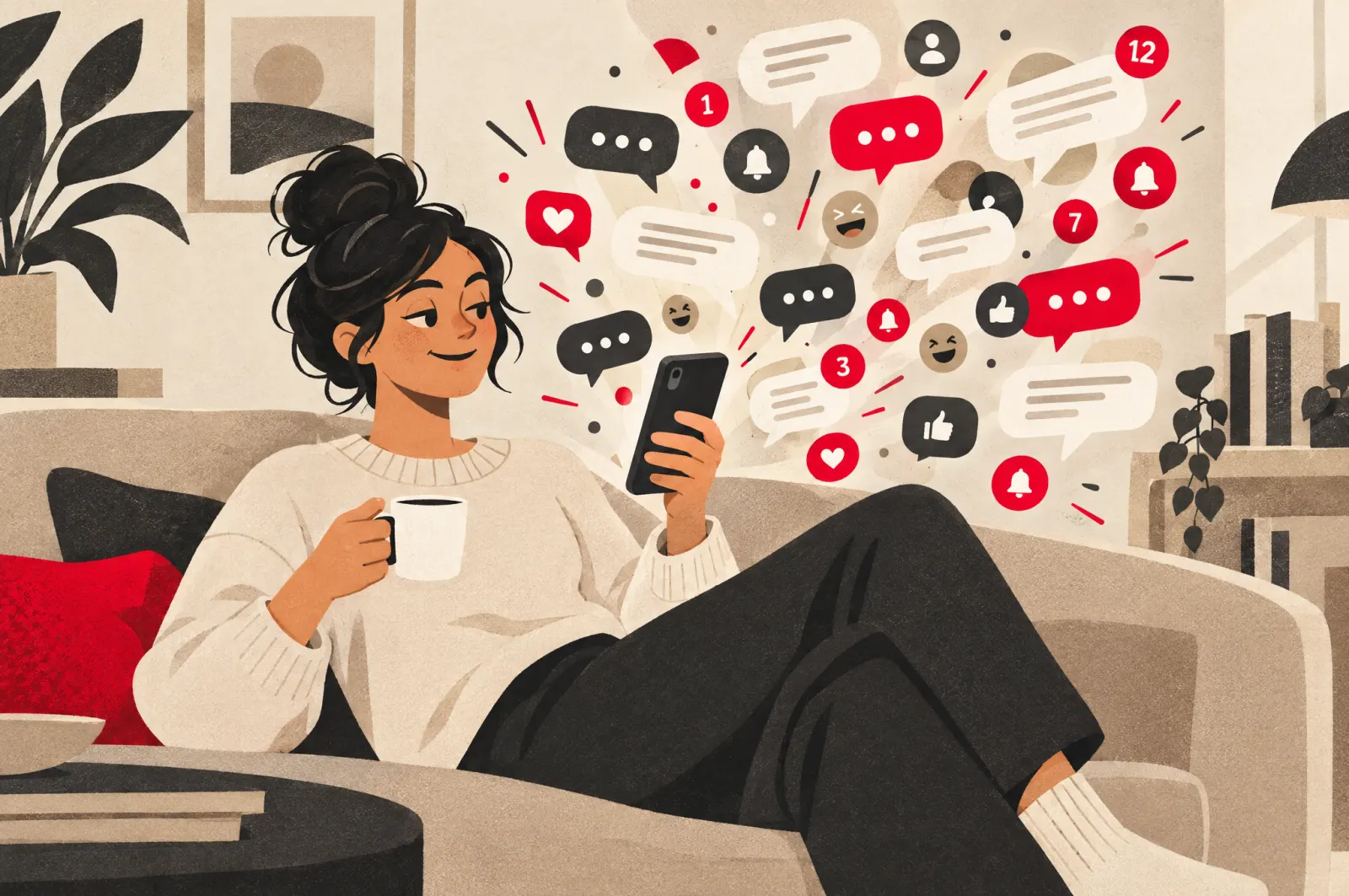 A relaxed seller on a sofa with dozens of chat notifications bursting from her phone