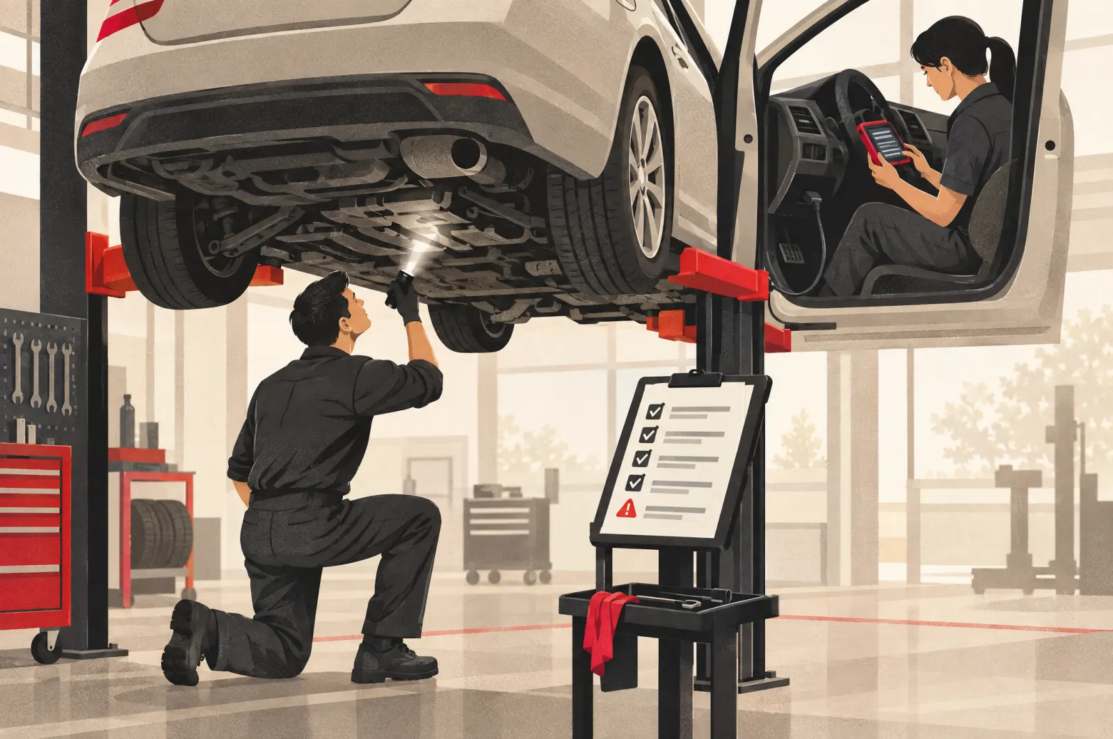 A mechanic inspecting the underside of a car on a lift while a colleague runs a diagnostic scan