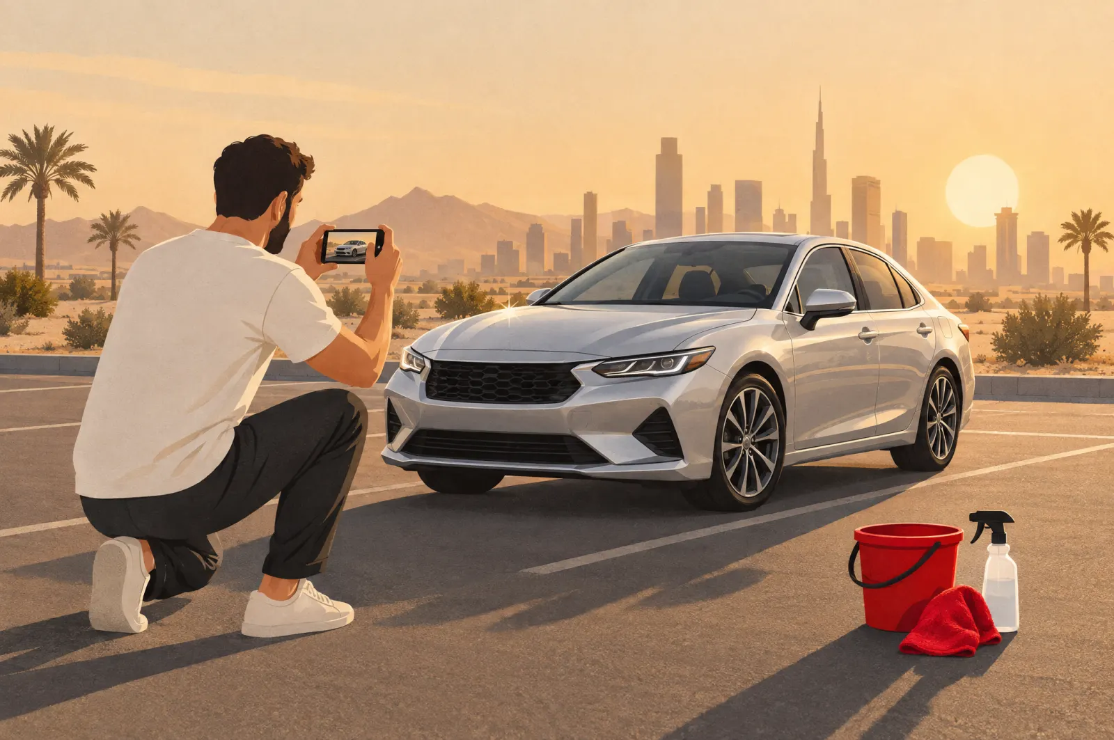 A seller photographing a clean silver sedan at golden hour