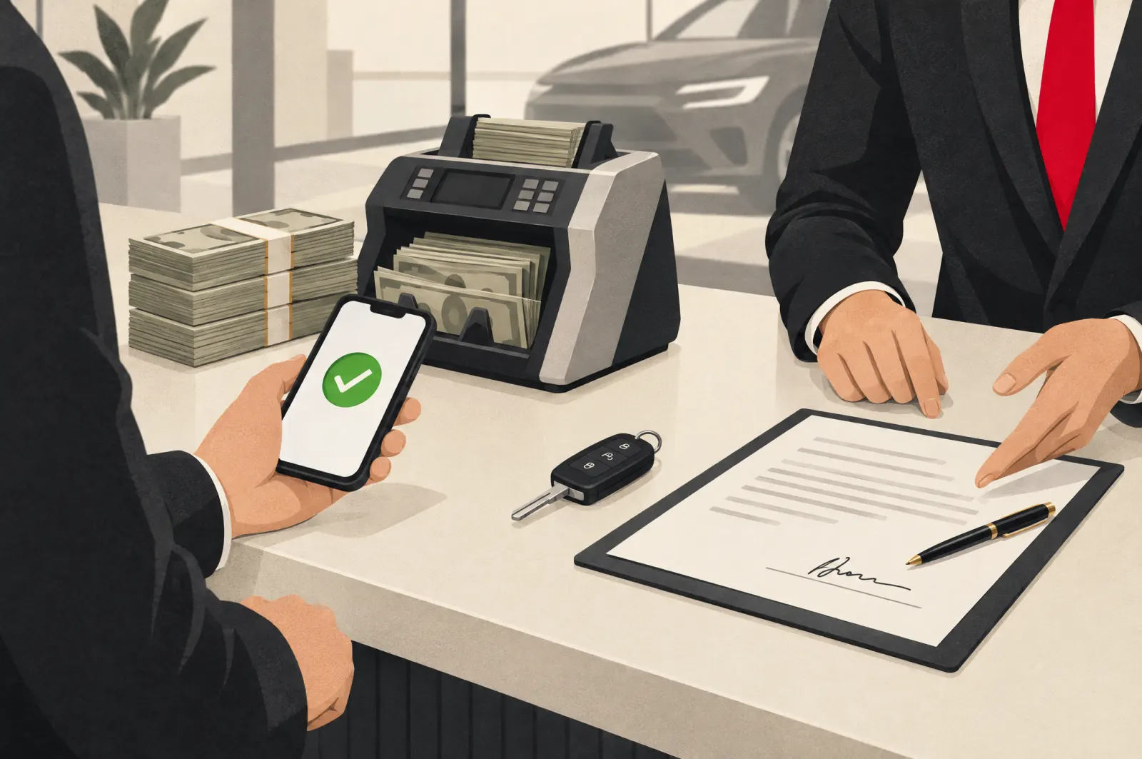 Cash on a counter next to a note-counting machine, a phone confirming a bank transfer, a car key and a signed document