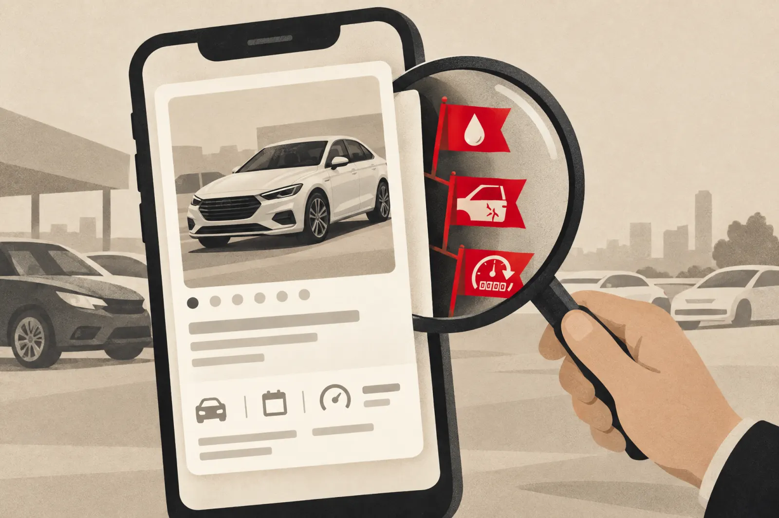 A magnifying glass revealing warning flags behind a car listing on a phone
